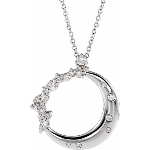 White Diamond Necklace in 14 Karat White Gold 0.25 Carat Diamond Crescent Moon 16 inch Necklace