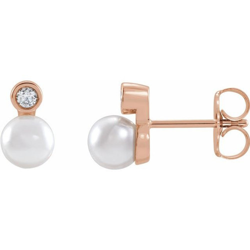 White Akoya Pearl Earrings in 14 Karat Rose Gold Akoya Cultured Pearl and 0.13 Carat Diamond Bezel Set Earrings