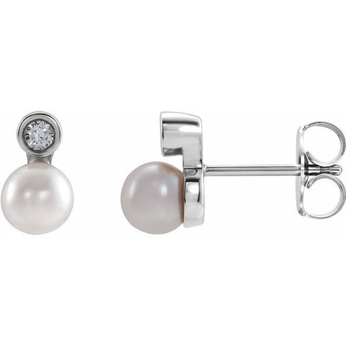 Natural Akoya Pearl Earrings in Platinum Akoya Cultured Pearl and .03 Carat Diamond Bezel Set Earrings