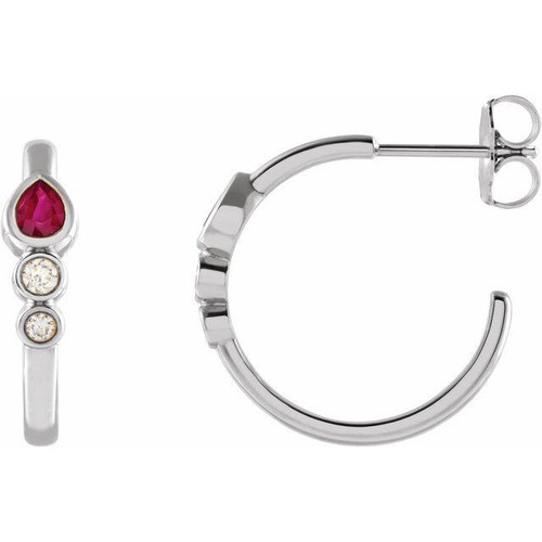 Platinum Ruby and 0.10 Carat Diamond Bezel Set Hoop Earrings