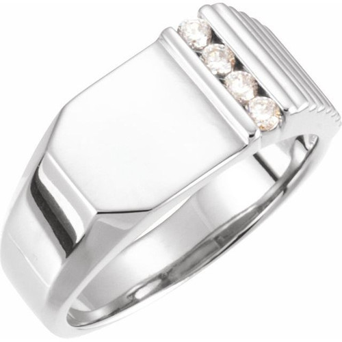 Genuine Diamond set in 14 Karat White Gold 0.20 Carat Diamond 10.5x10 mm Geometric Signet Ring