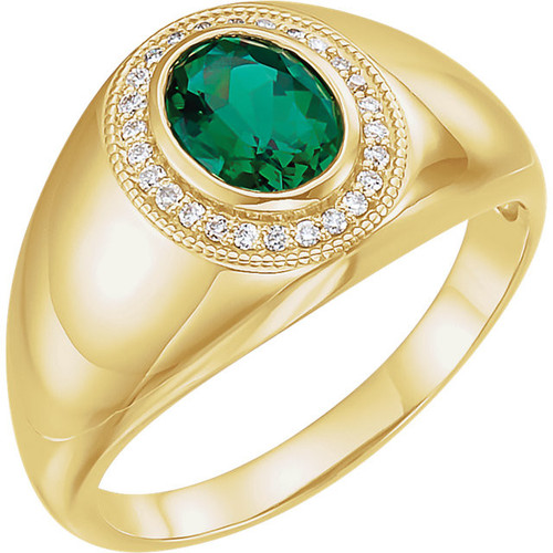 14 Karat Yellow Gold Mens Created Emerald and Diamond Accented Ring
