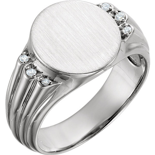 14 Karat White Gold .07 Carat Diamond Mens Oval Signet Ring