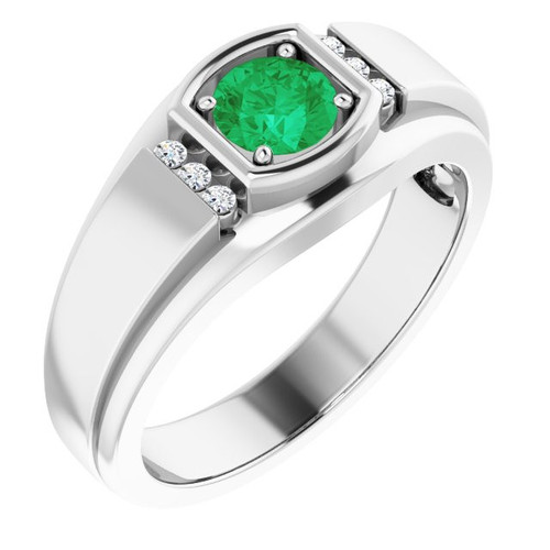 14 Karat White Gold Emerald and .08 Carat Diamond Mens Ring