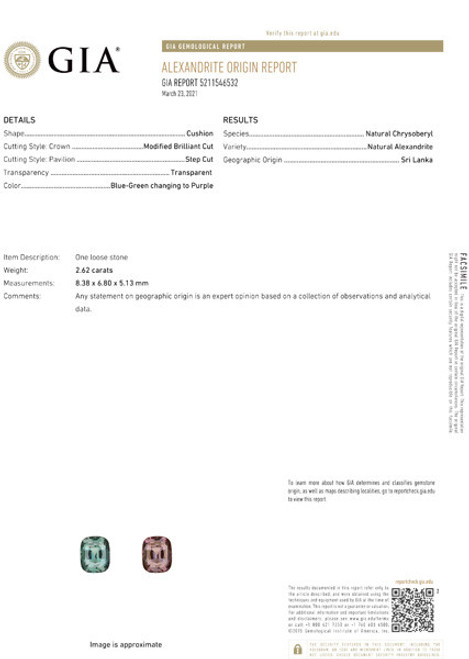GIA Alexandrite Gemstone - Cushion Cut - 2.62 carats - 8.38 x 6.8 x 5.13mm