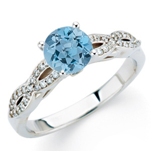 Deep Blue Aquamarine 1.0 Carat 6mm Round Gem set in Double Shank Diamond Ring in 14 kt Gold