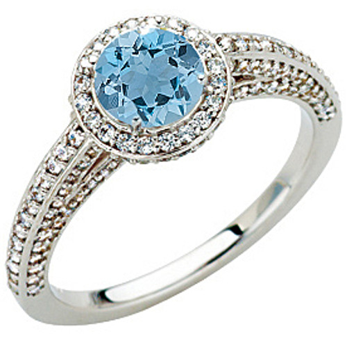 Pave Diamond 14 Karat White Gold Ring set with Xtra Blue 0.9 Carat 5.8mm Aquamarine for SALE