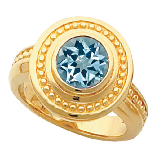 14k Gold Bezel Set 1.00 Carat GEM 6mm Blue Aquamarine Fashion Ring With Ornate Beaded Look
