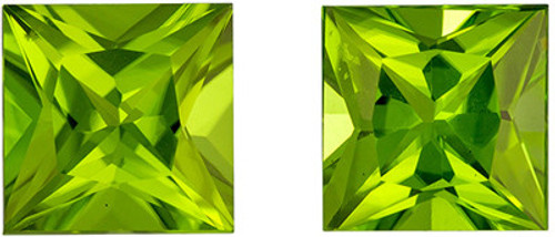 Matched Peridot Pair in Princess Cut, 8 x 8 mm in Gorgeous Vivid Lime Green, 5.72 carats