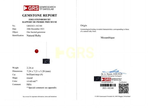 GRS Certified Ruby - Round Cut - Stunning 2.24 carats - 7.24 x 5.2mm