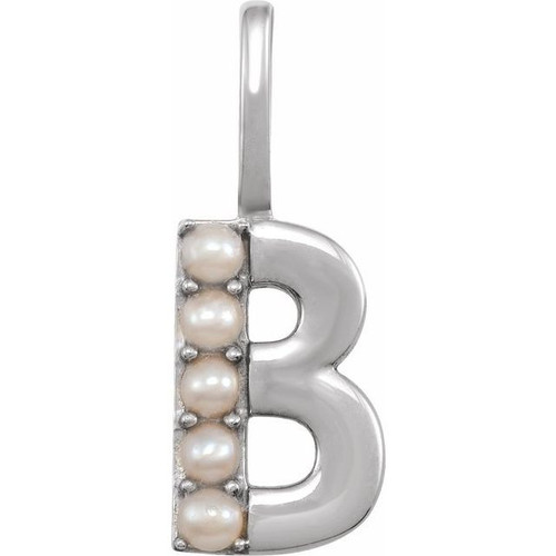14 Karat White Gold Cultured White Pearl Initial B Charm