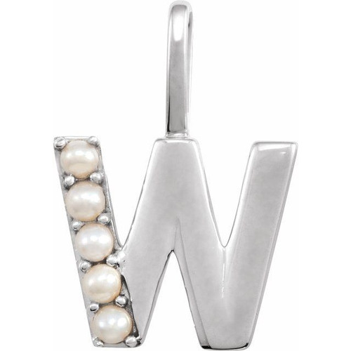 14 Karat White Gold Cultured White Pearl Initial W Charm