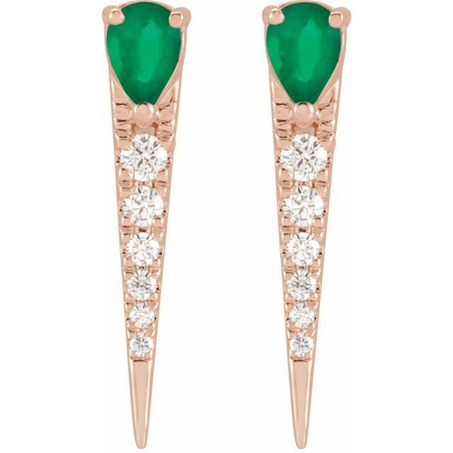 14 Karat Rose Gold Natural Emerald and 0.13 Carat Natural Diamond Spike Earrings