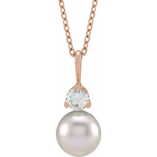 14 Karat Rose Gold Cultured White Freshwater Pearl and 0.25 Carat Lab Grown Diamond 18 inch Necklace