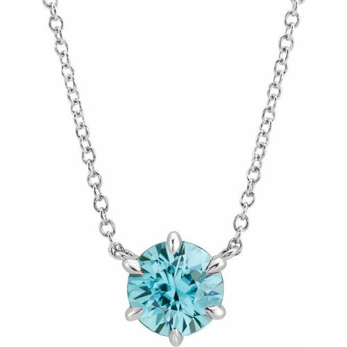 Blue Zircon Gem in 14 Karat White Gold Zircon Solitaire 16 inch Necklace .