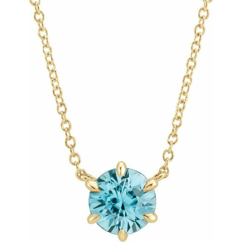 Blue Zircon Gem in 14 Karat Yellow Gold Zircon Solitaire 18 inch Necklace .