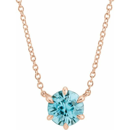 Blue Zircon Gem in 14 Karat Rose Gold Zircon Solitaire 18 inch Necklace .