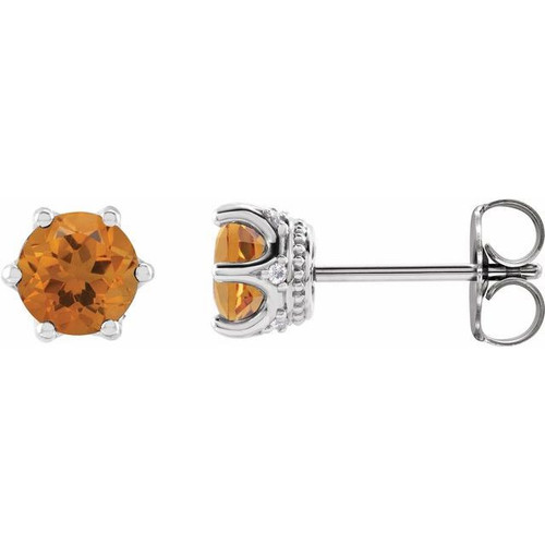Sterling Silver 4 mm Natural Citrine and .03 Carat Natural Diamond Crown Earrings