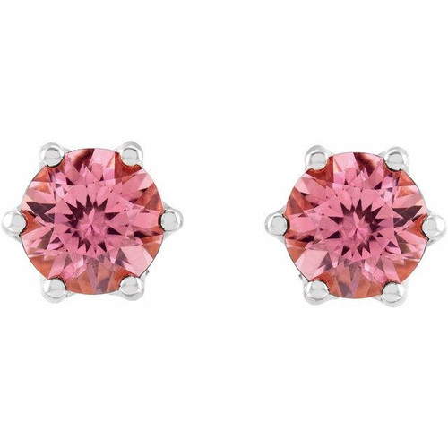 14 Karat White Gold 6 mm Natural Pink Tourmaline and .03 Carat Natural Diamond Crown Earrings