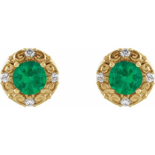 14 Karat Yellow Gold 4 mm Lab Grown Emerald and 0.10 Carat Natural Diamond Halo Style Earrings