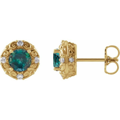 14 Karat Yellow Gold 4 mm Lab Grown Alexandrite and 0.10 Carat Natural Diamond Halo Style Earrings
