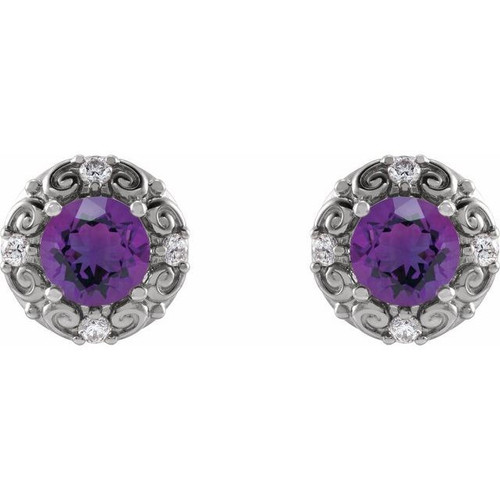 Platinum 5 mm Natural Amethyst and 0.16 Carat Natural Diamond Halo Style Earrings