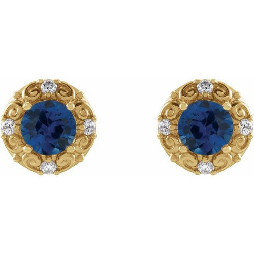 14 Karat Yellow Gold 5 mm Natural Blue Sapphire and 0.16 Carat Natural Diamond Halo Style Earrings