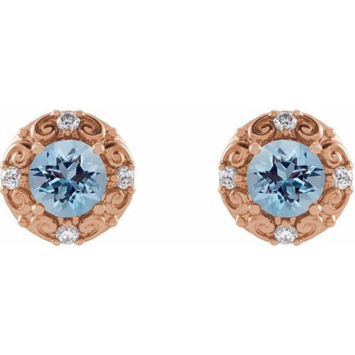 14 Karat Rose Gold 5 mm Natural Aquamarine and 0.16 Carat Natural Diamond Halo Style Earrings
