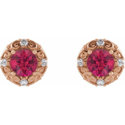 14 Karat Rose Gold 6 mm Lab Grown Ruby and 0.25 Carat Natural Diamond Halo Style Earrings