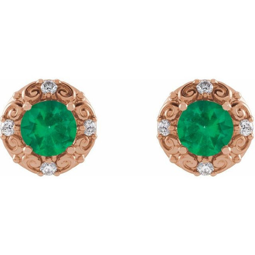 14 Karat Rose Gold 6 mm Natural Emerald and 0.25 Carat Natural Diamond Halo Style Earrings