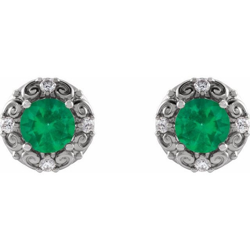 Sterling Silver 6 mm Lab Grown Emerald and 0.25 Carat Natural Diamond Halo Style Earrings