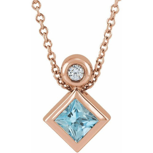 14 Karat Rose Gold 4 mm Square Aquamarine Gem and .03 Carat Diamond 16 inch Necklace