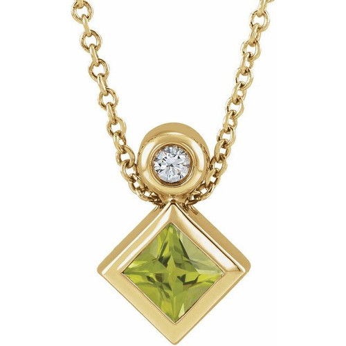 14 Karat Yellow Gold 4 mm Square  Peridot and .03 Carat Diamond 16 inch Necklace