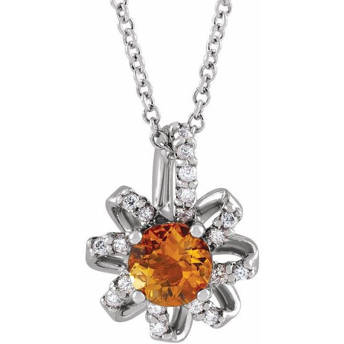 Platinum  Citrine and .07 Carat Diamond Halo Style 16 inch Necklace