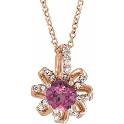 14 Karat Rose Gold Pink Tourmaline & .07 Carat Diamond Halo Style 16 18 inch Necklace