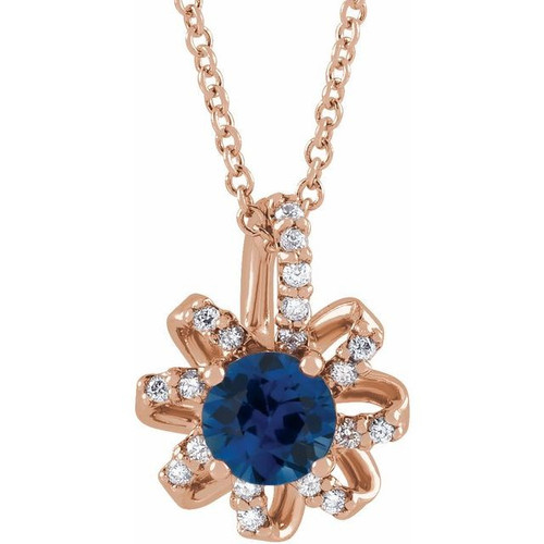 14 Karat Rose Gold Blue Sapphire and .07 Carat Diamond Halo Style 16 inch Necklace