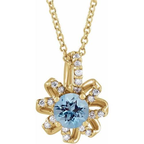 14 Karat Yellow Gold Natural Aquamarine Gem and .07 Carat Natural Diamond Halo Style 16 to 18 inch Necklace