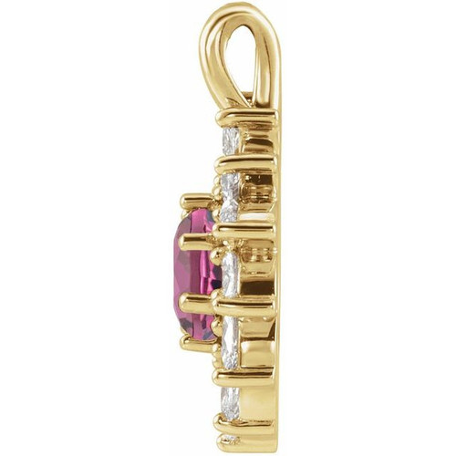 14 Karat Yellow Gold Pink Tourmaline and 0.60 carat Diamond Halo Style Pendant