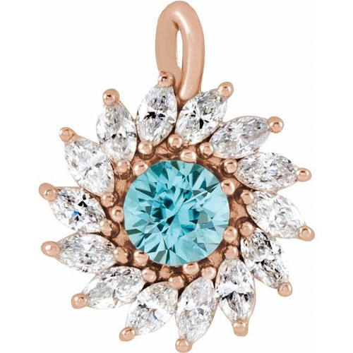 14 Karat Rose Gold Blue Zircon and 0.50 carat Diamond Halo Style Pendant
