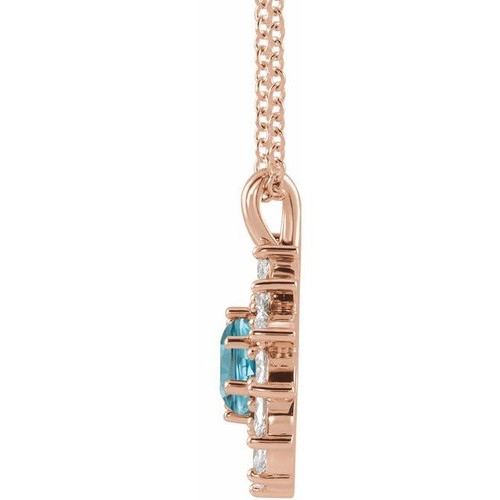 14 Karat Rose Gold Blue Zircon and 0.50 Carat Diamond Halo Style 16 inch Necklace