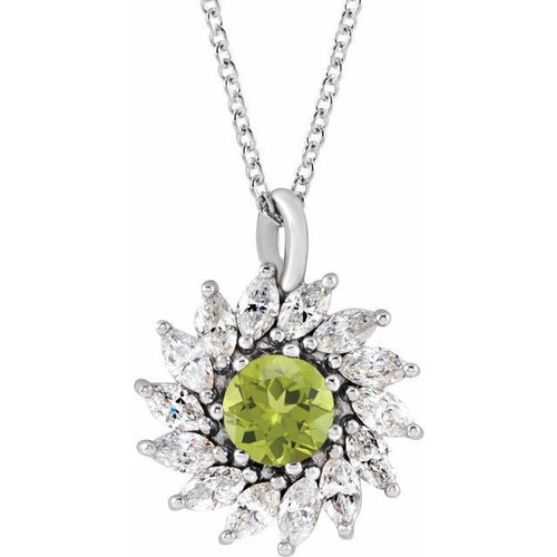 Sterling Silver  Peridot and 0.50 Carat Diamond Halo Style 16 inch Necklace