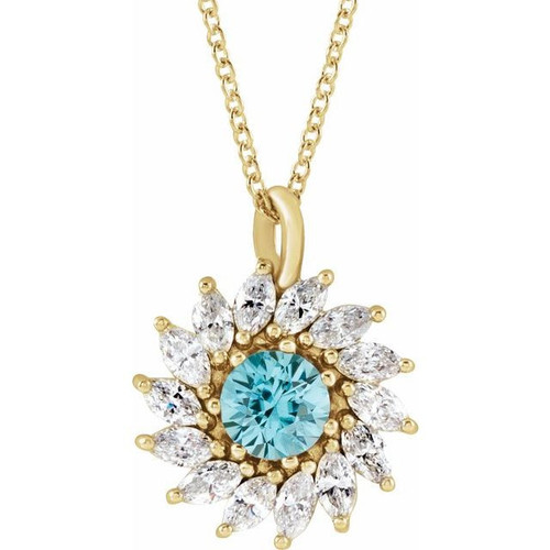 14 Karat Yellow Gold Blue Zircon and 0.50 Carat Diamond Halo Style 16 inch Necklace