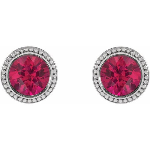 14 Karat White Gold 3 mm Lab Grown Ruby Beaded Bezel Set Earrings