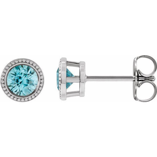 Platinum 5 mm Natural Blue Zircon Beaded Bezel Set Earrings