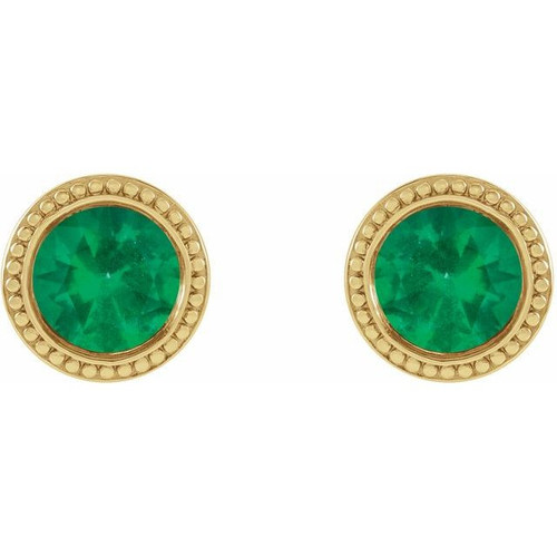 14 Karat Yellow Gold 6 mm Natural Emerald Beaded Bezel Set Earrings