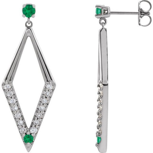 Platinum Natural Emerald and 0.40 Carat Natural Diamond Geometric Earrings