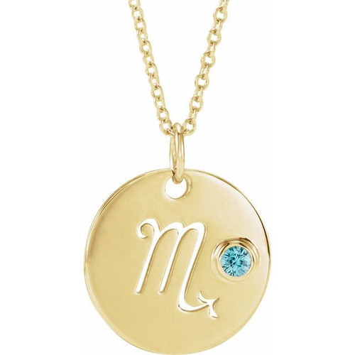 14 Karat Yellow Gold Blue Zircon Scorpio Zodiac 16 inch Necklace