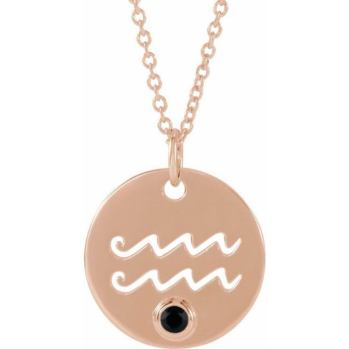 14K Rose Natural Black Spinel Aquarius Zodiac 16 inch Necklace