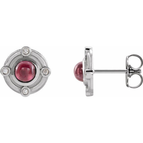 14 Karat White Gold Natural Rhodolite Garnet and .03 Carat Natural Diamond Earrings