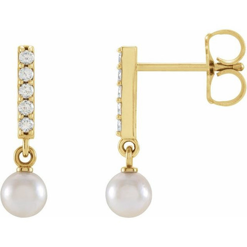 14 Karat Yellow Gold Cultured Akoya Pearl and .03 Carat Natural Diamond Bar Earrings